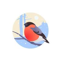 Bullfinch on a branch in a circle. Avatar flat style. Vector illustration