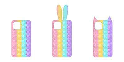 Mobile phone cases in the form popping toy for fidgets. The covers are in pastel rainbow colors with bunny and kitty ears and a simple shape. Vector illustration isolated