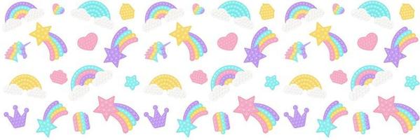 Popping toy background as a fashionable silicon fidget toys in pastel colors. Bubble popping toy background with rainbow, star, unicorn, heart, shell. Vector illustration wide format.