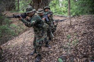 Team of army soldier with machine gun moving in the forest,Thai militia soldier in combat uniforms in the wood,Wander the patrol sloping in the rainforest. photo