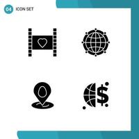 Set of 4 Commercial Solid Glyphs pack for film technology love global pin Editable Vector Design Elements