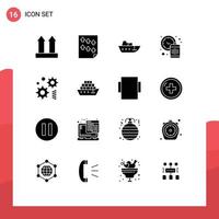 Group of 16 Modern Solid Glyphs Set for cogwheel time report management yacht Editable Vector Design Elements