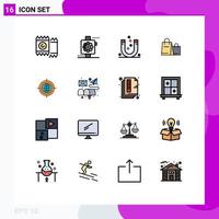 Modern Set of 16 Flat Color Filled Lines Pictograph of globe shopping attract handbag negative Editable Creative Vector Design Elements