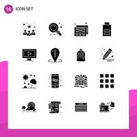 Mobile Interface Solid Glyph Set of 16 Pictograms of help screen mockup design monitor low Editable Vector Design Elements