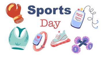 pancarta del día del deporte. texto con equipamiento deportivo, ropa deportiva, guantes de boxeo, campanas, zapatillas, un jugador y una pulsera de fitness. ilustración de dibujos animados vectoriales.