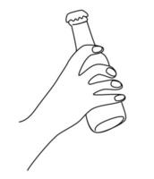 Hand holding a bottle of beer. Craft drink alcohol ale in simple linear style for bar and pub concept for menu. Oktoberfest equipment. Continuous one line drawing of beer glass with foam. Vector