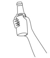 Hand holding a bottle of beer. Craft drink alcohol ale in simple linear style for bar and pub concept for menu. Oktoberfest equipment. Continuous one line drawing of beer glass with foam. Vector