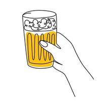 Hand holding a mug of beer. Craft drink alcohol ale in simple linear style for bar and pub concept for menu. Oktoberfest equipment. Continuous one line drawing of beer glass with foam. Vector