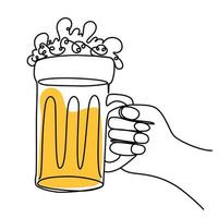 Hand holding a mug of beer. Craft drink alcohol ale in simple linear style for bar and pub concept for menu. Oktoberfest equipment. Continuous one line drawing of beer glass with foam. Vector