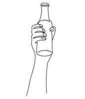 Hand holding a bottle of beer. Craft drink alcohol ale in simple linear style for bar and pub concept for menu. Oktoberfest equipment. Continuous one line drawing of beer glass with foam. Vector