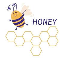 Cute bee and honeycomb from honey. Perfect for printing, logo, logo and product for products. Vector cartoon illustration.