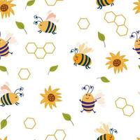 Bee honey seamless pattern. Cute hand drawn sunflowers, bee honeycomb background. Floral sweet bees print.Hand drawn honey templates. Kids fabric design. Vector cartoon illustration.