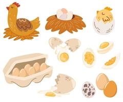 Chicken and eggs. Hen farm egg, nest and tray of chickens eggs. Set of dishes from chicken eggs, chicken, boiled and fried eggs, eggs in a package. Natural, farm products. Vector illustration.