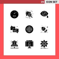 Modern Set of 9 Solid Glyphs and symbols such as global center drops arrow messages Editable Vector Design Elements