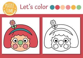 Circus coloring page for children with clown face. Vector amusement show outline illustration with cute stage performer. Color book for kids with colored example. Drawing skills printable worksheet