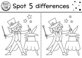 Circus black and white find differences game for children. Educational line activity with magician showing trick with hat and rabbit. Amusement show puzzle. Festival coloring page vector