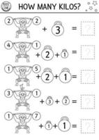 Circus how many kilos black and white game with funny athlete, weight, dumbbells. Amusement show line math addition activity for preschool children. Printable simple counting coloring page vector