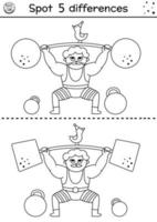 Circus black and white find differences game. Educational activity with strongman lifting weights. Amusement show line puzzle for kids with funny athlete. Festival printable coloring page vector