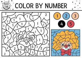 Vector circus color by number activity with clown face and bow. Fairytale black and white counting game with cute stage performer. Funny amusement show coloring page for kids