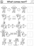 What comes next. Circus black and white matching activity for preschool children with traditional amusement show symbols. Funny line festival coloring page. Continue the row game vector