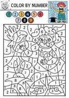 Vector circus color by number activity with clown, dove and rabbit in hat. Circus black and white counting game with cute stage performer. Funny amusement show coloring page for kids