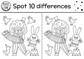 Circus black and white find differences game for kids. Educational activity with clown playing harmonica. Amusement show line puzzle with funny artist. Festival printable coloring page vector