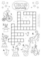 Vector circus crossword puzzle for kids. Simple black and white amusement show quiz with funny animal performers. Educational line activity with lion, bear, rabbit. Cross word coloring page