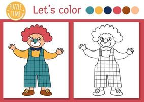 Circus coloring page for children with clown. Vector amusement show outline illustration with cute stage performer. Color book for kids with colored example. Drawing skills printable worksheet