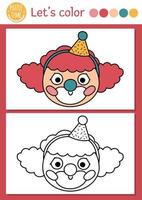 Circus coloring page for children with clown face. Vector amusement show outline illustration with cute stage performer. Color book for kids with colored example. Drawing skills printable worksheet