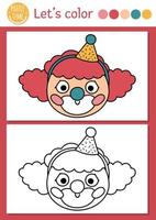 página de color de circo para niños con cara de payaso. ilustración de esquema de espectáculo de entretenimiento vectorial con un lindo artista de escenario. libro de colores para niños con ejemplos de colores. hoja de trabajo imprimible de habilidades de dibujo vector