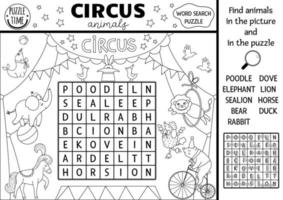 Vector circus wordsearch puzzle for kids. Simple black and white amusement crossword with funny animal performers on the stage. Line activity with lion, bear, rabbit. Cross word coloring page