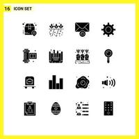 Group of 16 Modern Solid Glyphs Set for camera roll film ancient camera roll plant gear protection Editable Vector Design Elements