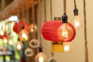 Traditional Chinese red lamps are hung for decoration in Chinese event. photo