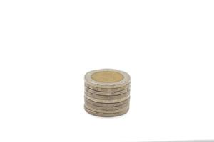 10 Baht coins The Thai silver and gold color inside the coin, with temple sign inside of it on white background. Clipping Path. photo