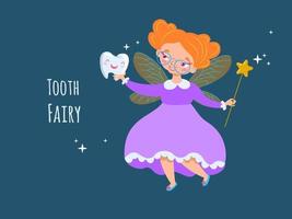 Cute tooth fairy with baby tooth and magic wand, fairy in glasses with orange hair, purple dress cartoon character with wings vector illustration