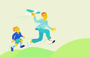 Happy family, father and son playing with toy airplane. Parent with child running outdoor holding aeroplane in hand, enjoy jet model, creative playtime for kid. Vector illustration.