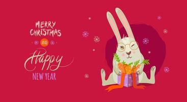 Cute hare with gift box and carrots. Lettering - Merry Christmas and Happy New Year. vector