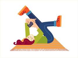 the girl lies on the carpet and takes pictures of herself on a mobile phone vector
