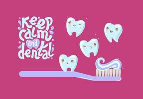 linda higiene dental. mascotas de dientes sonrientes y felices con cepillo de dientes y pasta de dientes, ilustración vectorial aislada de salud dental oral. vector