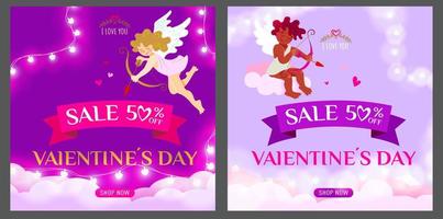 Valentines Day Sale Poster or banner with 50 off discount, cute cupids and glowing garland on dark purple and lilac background. vector