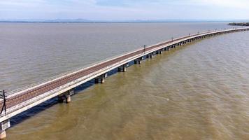 Aerial view of an amazing travel train parked on a floating railway bridge over the water of the lake in Pa Sak Jolasid dam with blue sky at Lopburi, Thailand. photo