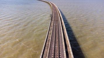 Aerial view of an amazing travel train parked on a floating railway bridge over the water of the lake in Pa Sak Jolasid dam with blue sky at Lopburi, Thailand. photo
