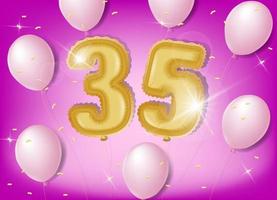 Celebrating 35 years with gold and pink balloons and glitter confetti on a pink background. Vector design for celebrations, invitation cards and greeting cards