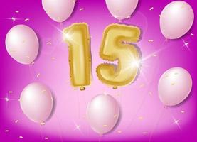 Celebrating 15 years with gold and pink balloons and glitter confetti on a pink background. Vector design for celebrations, invitation cards and greeting cards