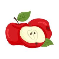 Red apples set. Sliced apples collection. Vector illustration in cartoon flat style.