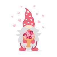 Vector illustration of cute gnome in love with bouquet of flowers. Valentines day design.