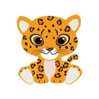Cute leopard baby on white background. Vector illustration of wild animal in childish cartoon flat style.