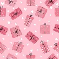 Seamless pattern with gifts and hearts. Valentine's day design. Vector illustration isolated on pink background.