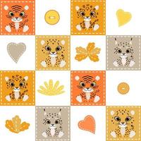 Patchwork with lion, tiger, leopard, cheetah, lynx. Vector illustration of baby seamless pattern