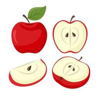 Red apples set. Sliced apples collection. Slices, whole and half fruits. Vector illustration in cartoon flat style.